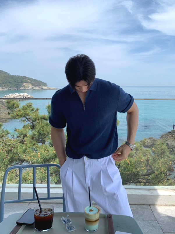 韩系半拉链针织polo衫男丝光棉冰丝修身短袖卫衣翻领羊毛衫t恤潮|undefined