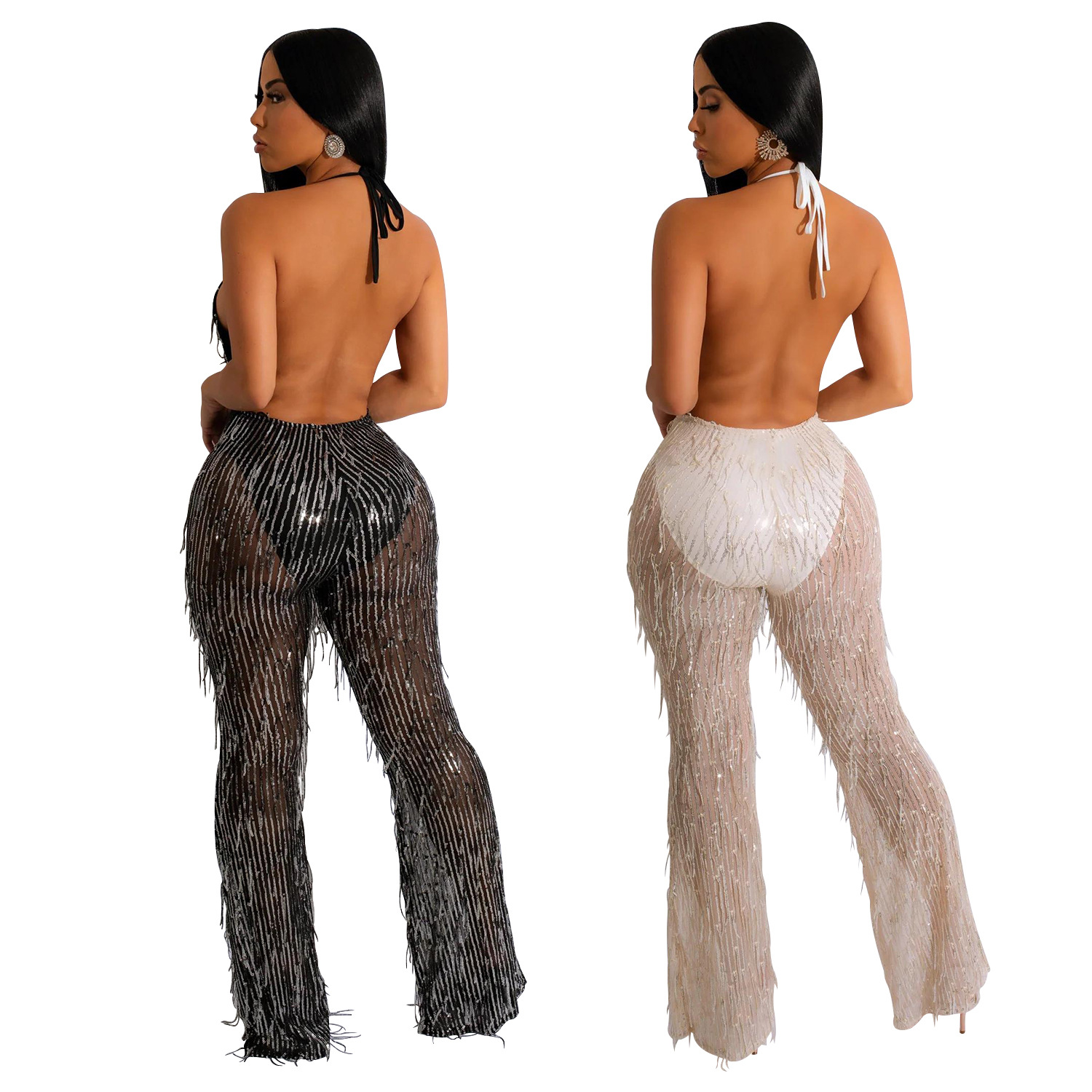 C6086 AliExpress Amazon moda europea y americana de lentejuelas borla malla transparente pantalones sin mangas mono