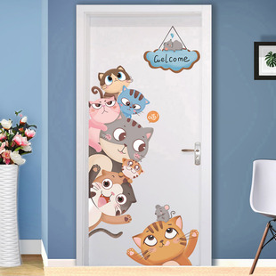 The door stickers are adhered to the old door of the door, the old door renovated sticker wooden door decoration personality creative door frame cartoon animal cats