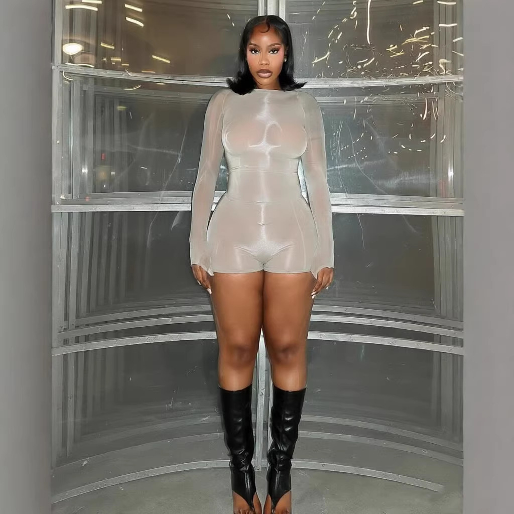 Transparente, glänzende Leggings im Bodystocking-Stil – Dehnbarer Clubwear-Catsuit mit langen Ärmeln_voghion.com