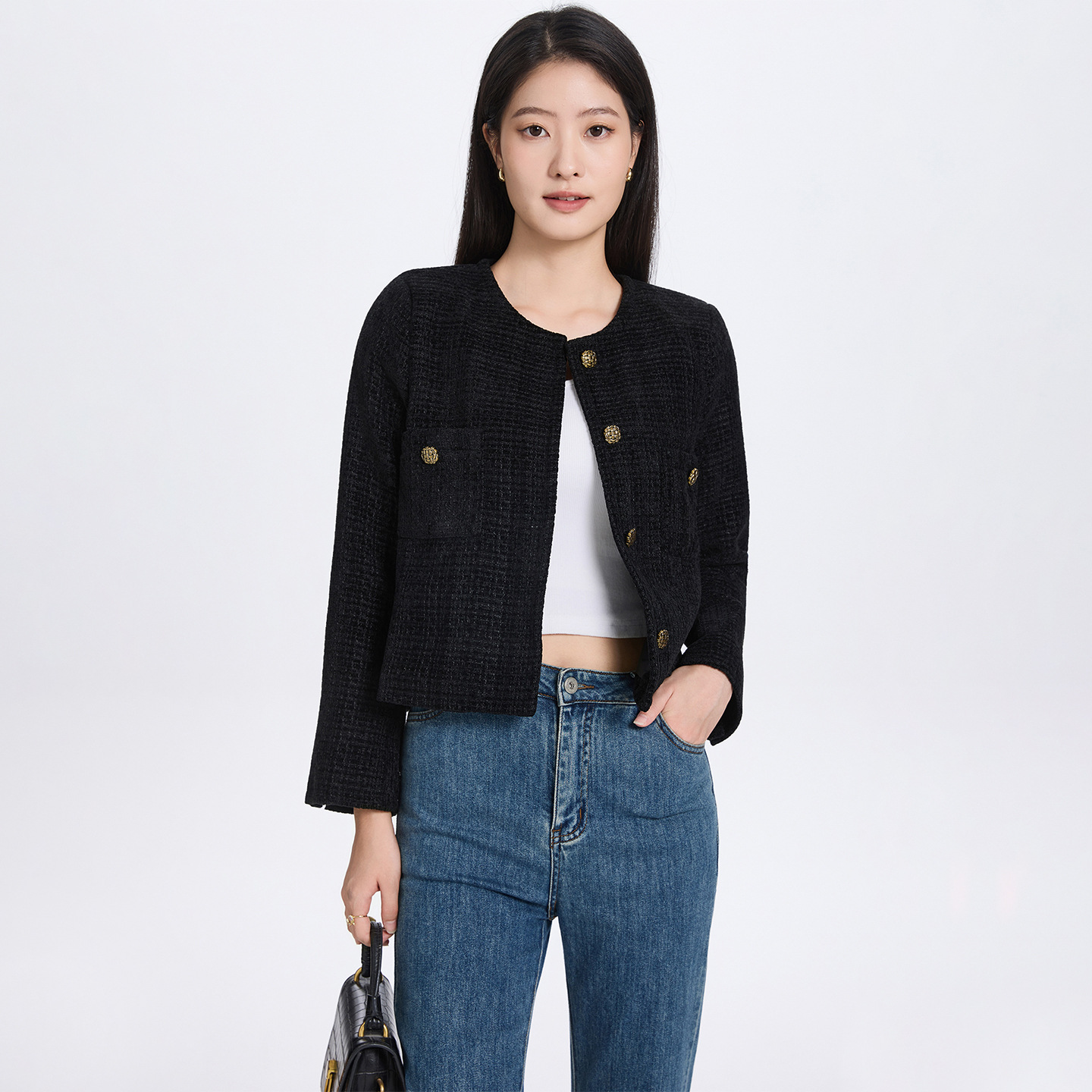 Guangzhou Thirteen Lines Women's Clothing 2025 New Black Petite French High-End Tweed Chanel-Style Jacket for Women