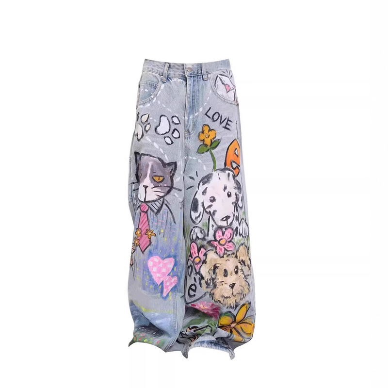 Niche Design Hand-Painted Graffiti Jeans for Men and Women, Fairy Tale Fun Cat and Dog Straight-Leg High Street Personality Wide-Leg Pants Niche Design Hand-Painted Graffiti Jeans for Men and Women, Fairy Tale Fun Cat and Dog Straight-Leg High Street Personality Wide-Leg Pants
