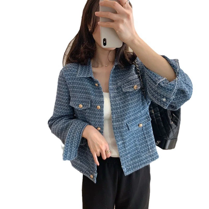 Футболка осенняя джинсовая куртка для подростков-девочек, стиль Chanel, корейский повседневный стиль, синий, размеры S–XL
