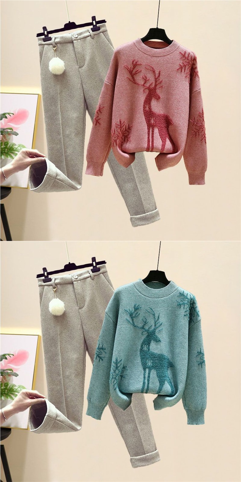 Damen Weihnachts Pullover Mit Rentier Motiv Und Stoffhose Set_voghion.com