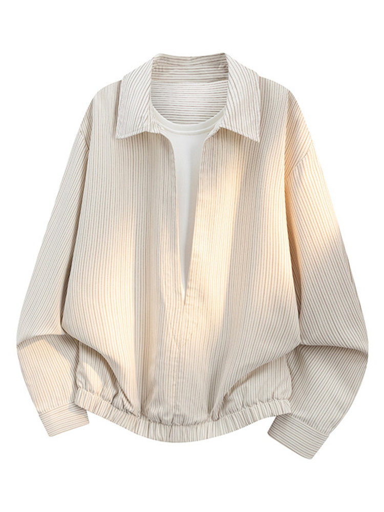 Men's two-piece striped sweatshirt, deep V-neck casual loose jacket, lapel inner layer, trendy autumn style.