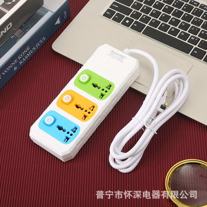 独立开关彩色面片三孔位插排接线板欧式小英美规二扁外贸插排