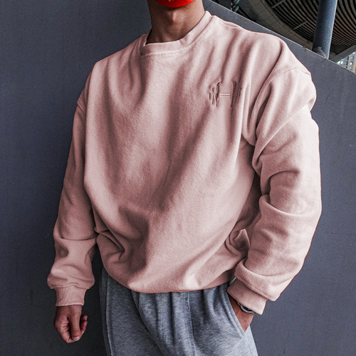 Polar Fleece Hoodless Men's Winter Warm Base Training Top Embroidered Crew Neck Hoodie Workout Sweatshirt
