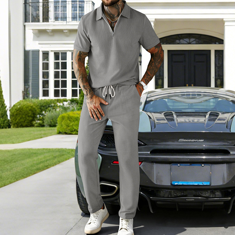 Completo da uomo estivo alla moda casual business alla moda in velluto a coste a maniche corte, polo e pantaloni, stile 2026_voghion.com