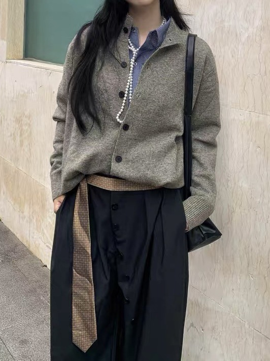 Japanese Retro Old Money Style Stand Collar Knit Cardigan Jacket Solid Color Simple Versatile Lazy Sweater