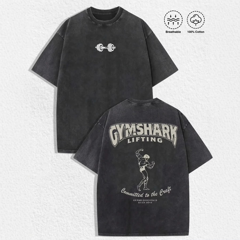 230g Pure Cotton Vintage-Style Men's Gymshark Fitness-Themed Printed T-Shirt, Pure Cotton Breathable Sports Short-Sleeve