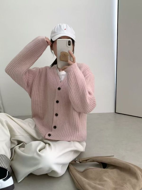 慵懒风休闲韩系坑条单排扣针织开衫女秋冬新款外搭软糯毛衣外套潮|undefined