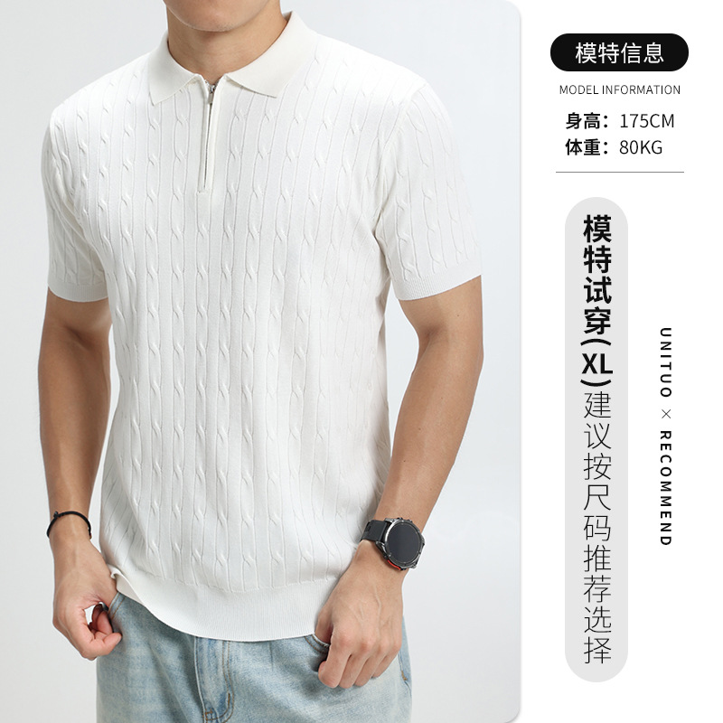 Polo de hielo transfronterizo camiseta de punto de manga corta para hombres Casual medio abierto zip Jacquard camiseta para hombres