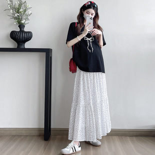 in stock Pregnant Women's suit Fashion Bow Short-sleeved T-shirt Pregnant Women's Top Adjustable Skirt Casual Two-piece Set