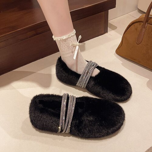 One-Pedal Moccasin Shoes - Autumn/Winter New Water Diamond French Perfume Style Outer Worn Cotton Shoes with High-End Warm Felted Head Slip-On Shoes