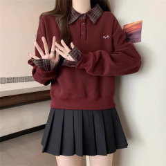 格子衬衫拼接假两件卫衣女款秋冬大码胖mm显瘦宽松韩系Polo领上衣