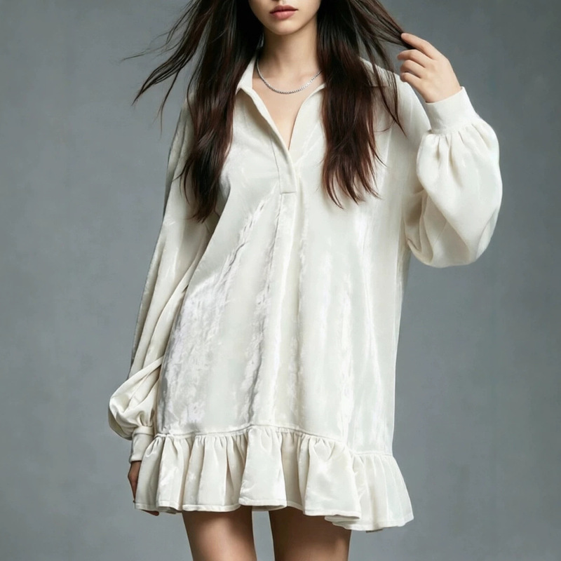 2026 Amazon European and American Cross-Border French Gentle Style Velvet Lantern Sleeve Ruffle Collar Shirt Dress for Women 2026 Amazon European and American Cross-Border French Gentle Style Velvet Lantern Sleeve Ruffle Collar Shirt Dress for Women