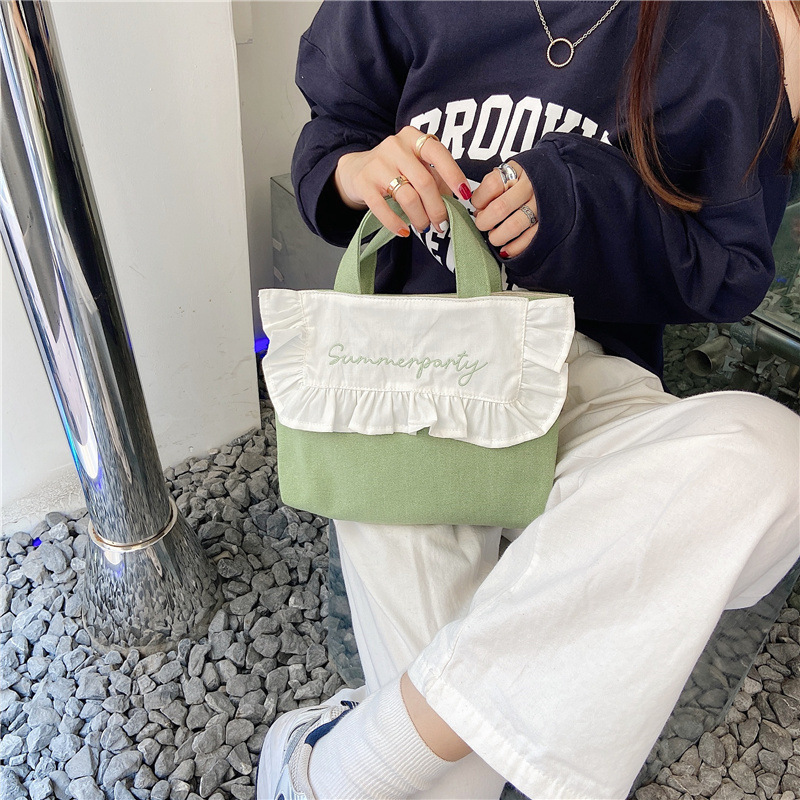 1441 Japanese and Korean chic Sweet ruffled bento Bag, Fresh embroidered hand-held small cloth bag, girl student bag wholesale undefined