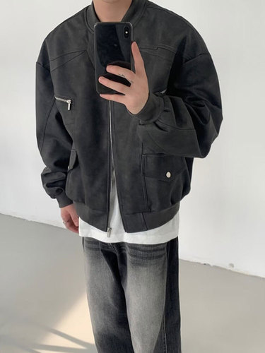 Trendy high-street suede velvet coat for men: autumn-style American retro casual edgy, cool, and relaxed-fit motorcycle jacket with a stand-up collar.
