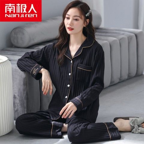 Pijamas de primavera y otoño de las mujeres más el tamaño % de algodón de manga larga traje de dos piezas Otoño e Invierno Delgado se puede usar fuera de casa