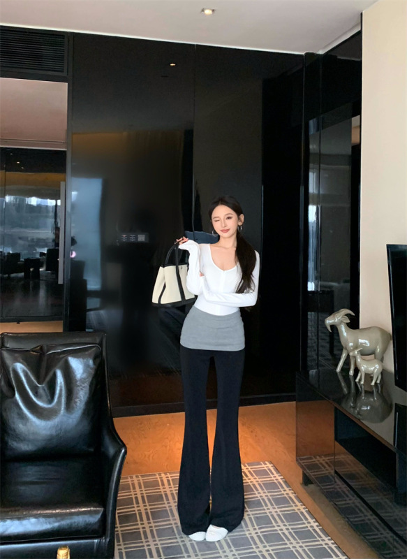 小个子绝美小套装韩女曲线V领修身打底衫长袖上衣撞色微喇叭长裤|undefined