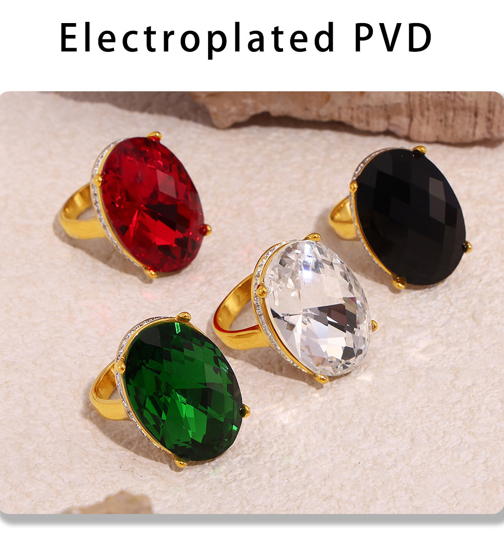 Oval Diamond Large Glass Ring Gold Plated Retro Statement Ring_voghion.com