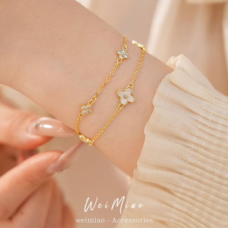14 quilates de oro verdadero electronite marita fritaella de hierba afortunada flor pulsera de doble capa ligera pulsera de nicho joyería diaria
