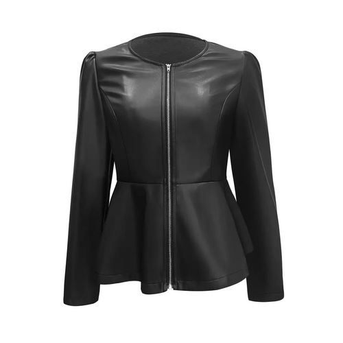 Autumn and winter women's fashionable versatile jacket plus velvet commuting waist short leather PU suit jacket