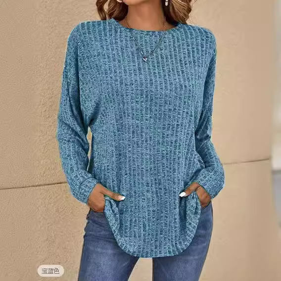 2025速卖通亚马逊wish欧美秋季新款针织圆领坑条上衣长袖宽松T恤