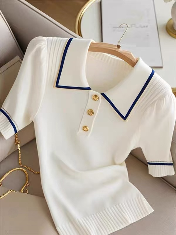 Women's Korean Style Color Block Striped Collared Short Sleeve T-Shirt Youthful Knitwear Top For Summer_ecoleips.com