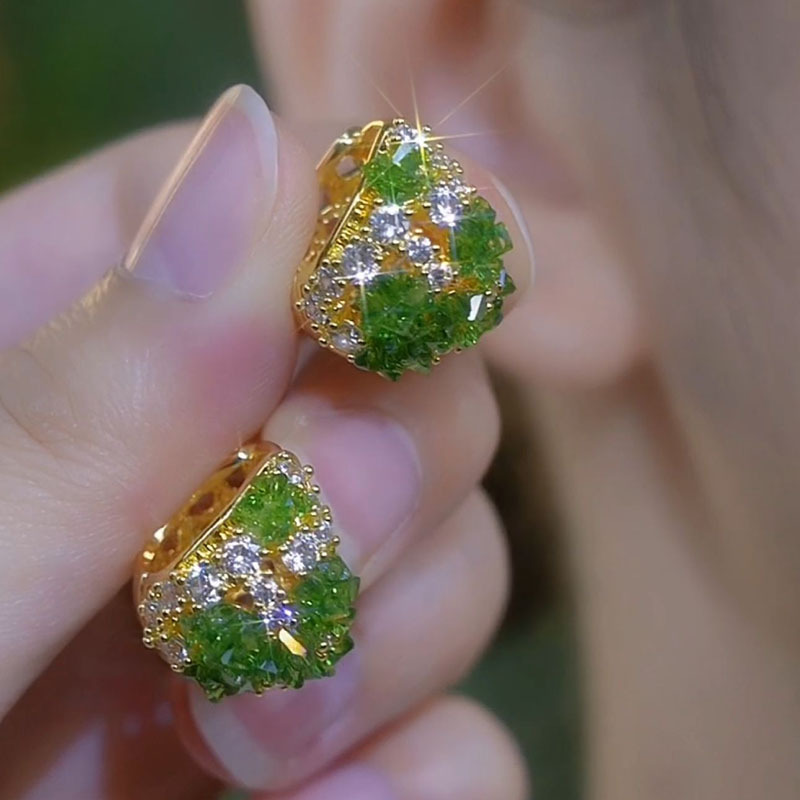 Summer Fresh Green Diamond Flower Basket Earrings, 2024 New Trendy Niche Design Earrings