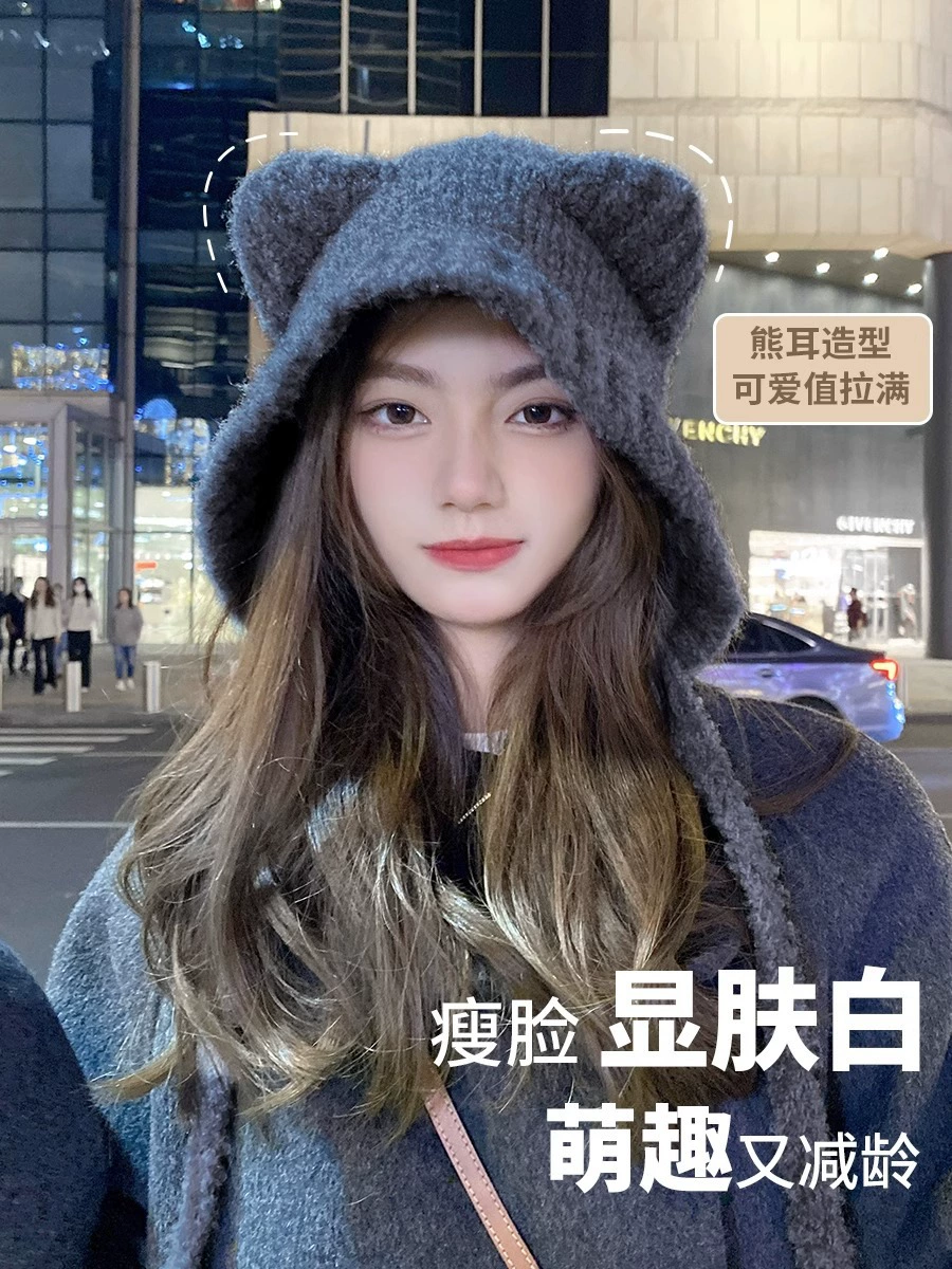Cute winter woolen knitted hat for elementary school students, with little bears, increased thickness