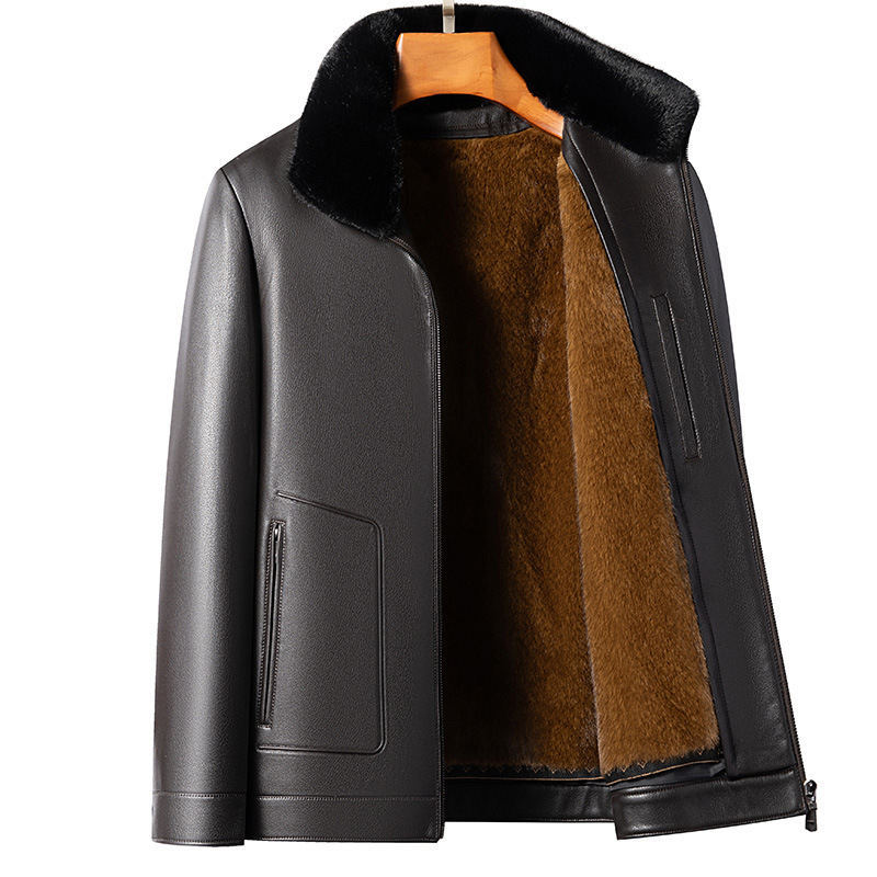 New Haining Winter Leather and Fur Integrated Men's Fleece-Lined Thickened Leather Jacket with Detachable Mink Liner and Mink Fur