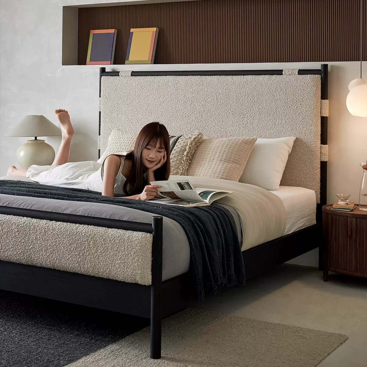 北欧雪酥实木床主卧室法式简约1.8米橡木双人高脚高屏靠背布艺床