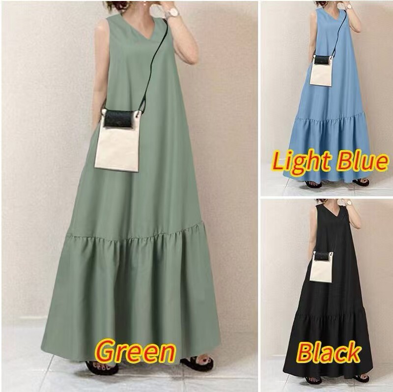 Hot-selling V-neck solid color sleeveless side seam pocket dress stitching long dress Hot-selling V-neck solid color sleeveless side seam pocket dress stitching long dress