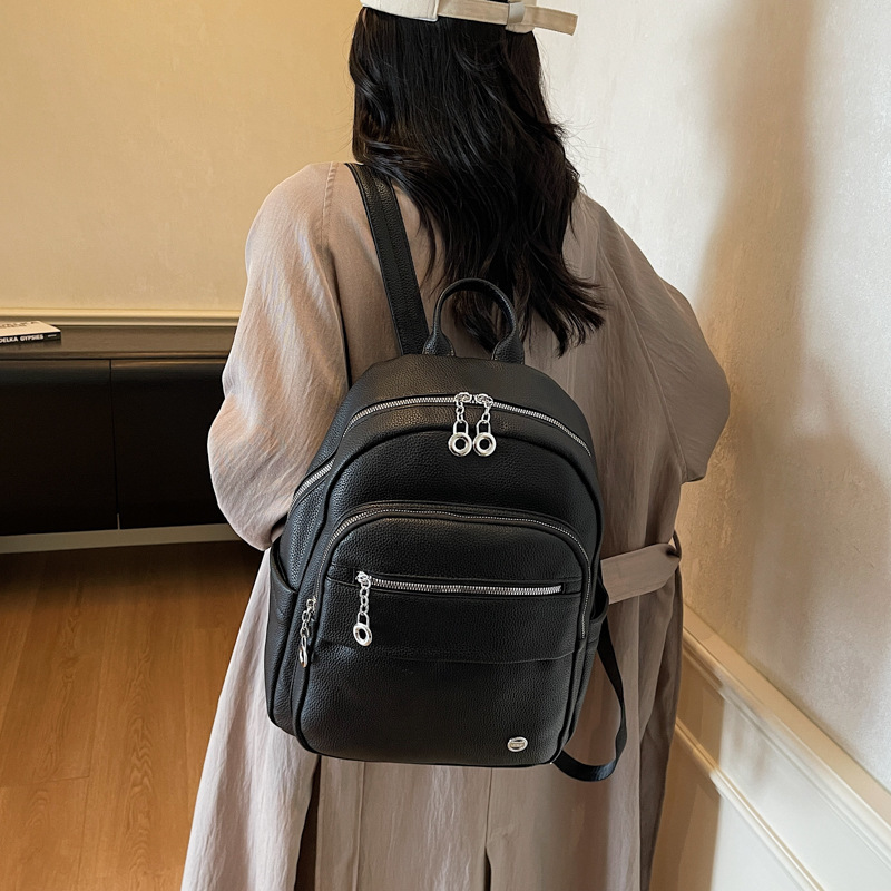 韩版纯色百搭pu软皮双肩包女2025新款大容量旅行背包高中学生书包|undefined