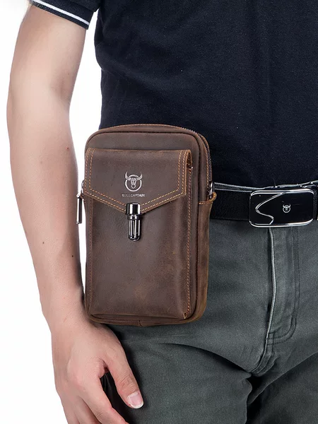 Captain Cow Leather Retro Crazy Horse Leather Mobile Phone Waist Bag Men's Genuine Leather Cowhide Wearing Belt Crossbody Waist Bag Small Hanging Bag