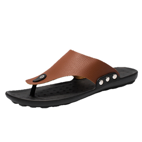 Summer New Men's Herringbone Slippers Lightweight Outdoor Home Men's Slippers Real Leather Waterproof Trendy Men's Shoes