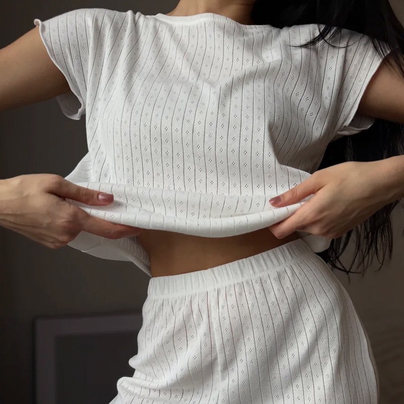 Conjunto de pijama mujer jacquard transpirable manga corta_voghion.com