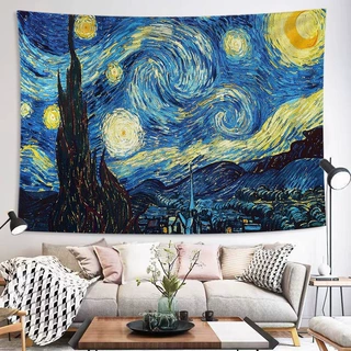 梵高星空背景布欧式复古油画挂毯卧室书房墙布装饰出租屋改造挂布