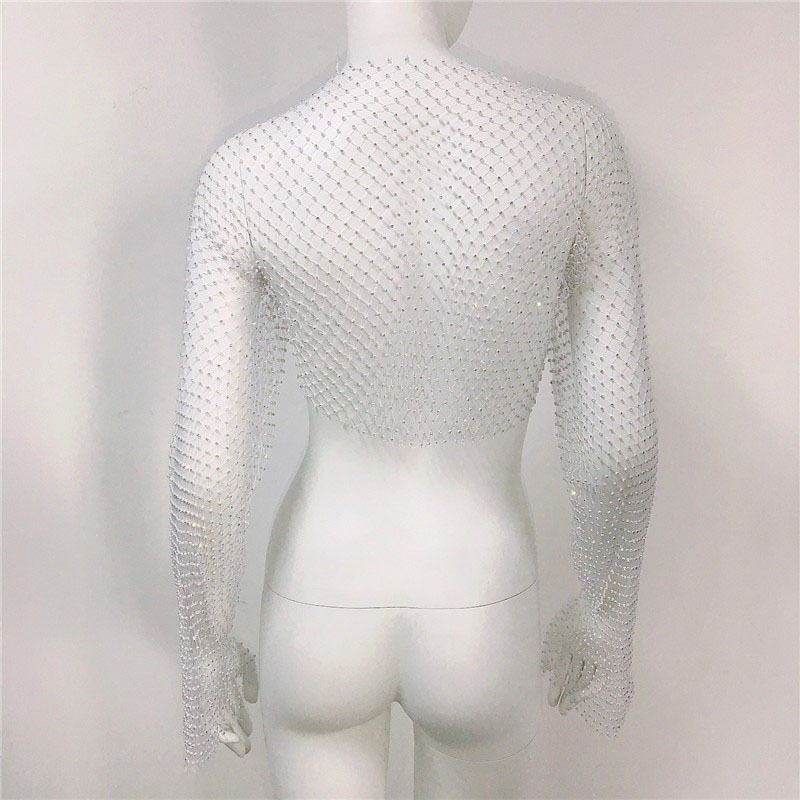 Filet de pêche chaud, T-shirt Sexy pour fille épicée, maille à haute élasticité, diamant d'eau, haut à manches longues_voghion.com