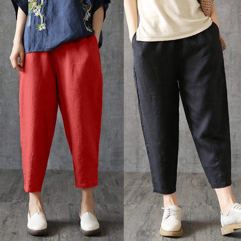 Middle-aged and Elderly Mothers Cotton and Linen Ankle-length Pants Summer Linen Women's Pants Loose Large Size Loose Loose Waist Casual Pants Harem Pants for Women