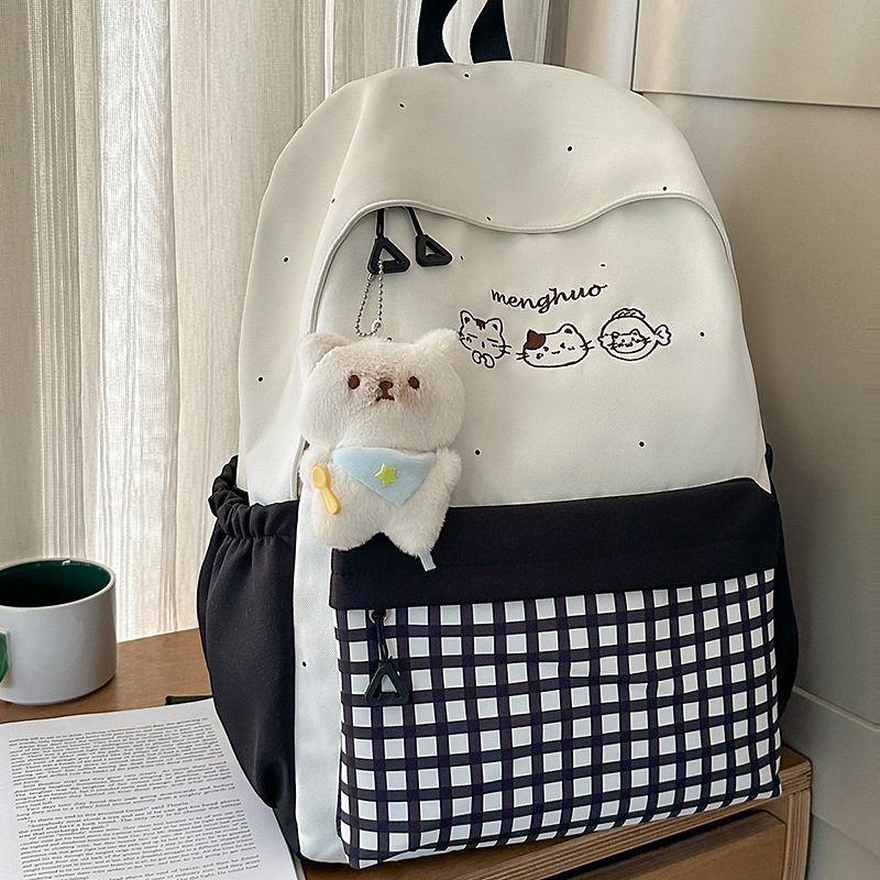 新款高颜值清新甜美格子可爱小猫女背包初高中生轻便大容量双肩包|undefined