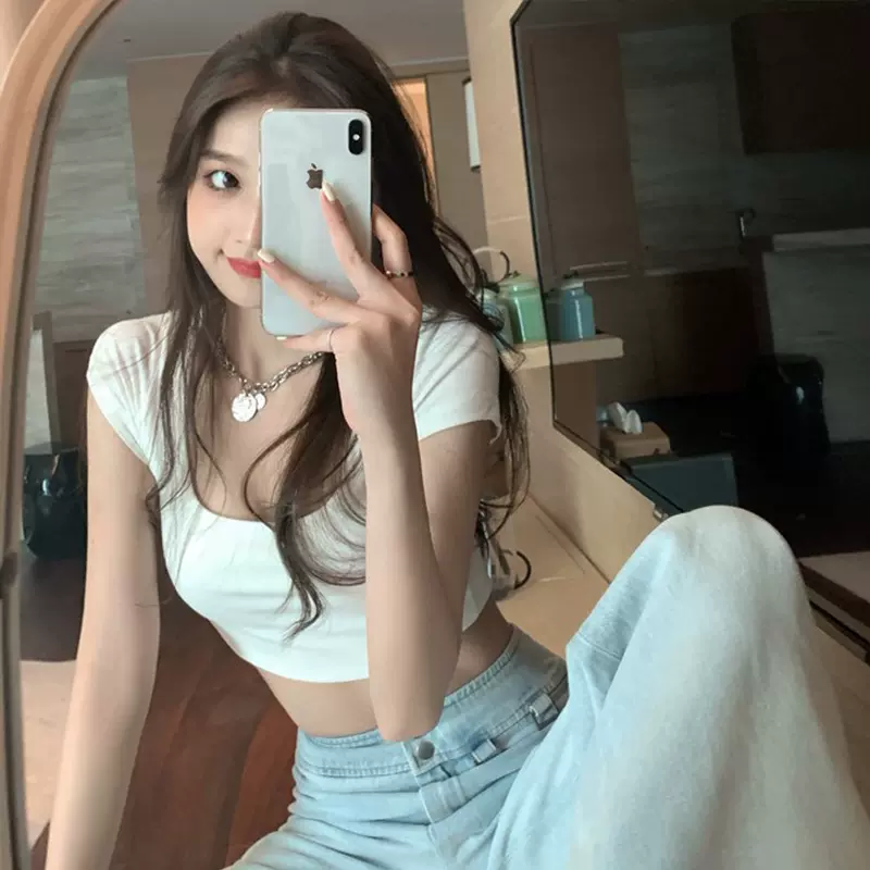 厂家直销夏装韩版新款U领短款女士短袖t恤女外贸女装纯色上衣批发