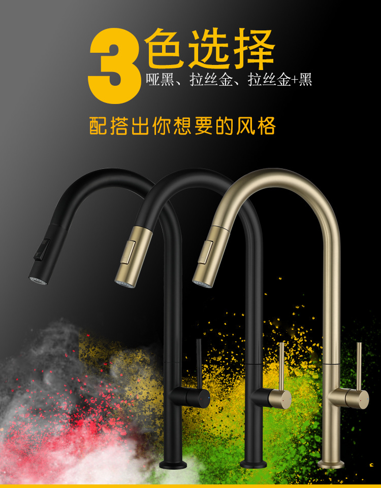 Factory direct batch 304 stainless steel European and American style black and white brushed gold exquisite touch kitchen pull-out faucet full figure