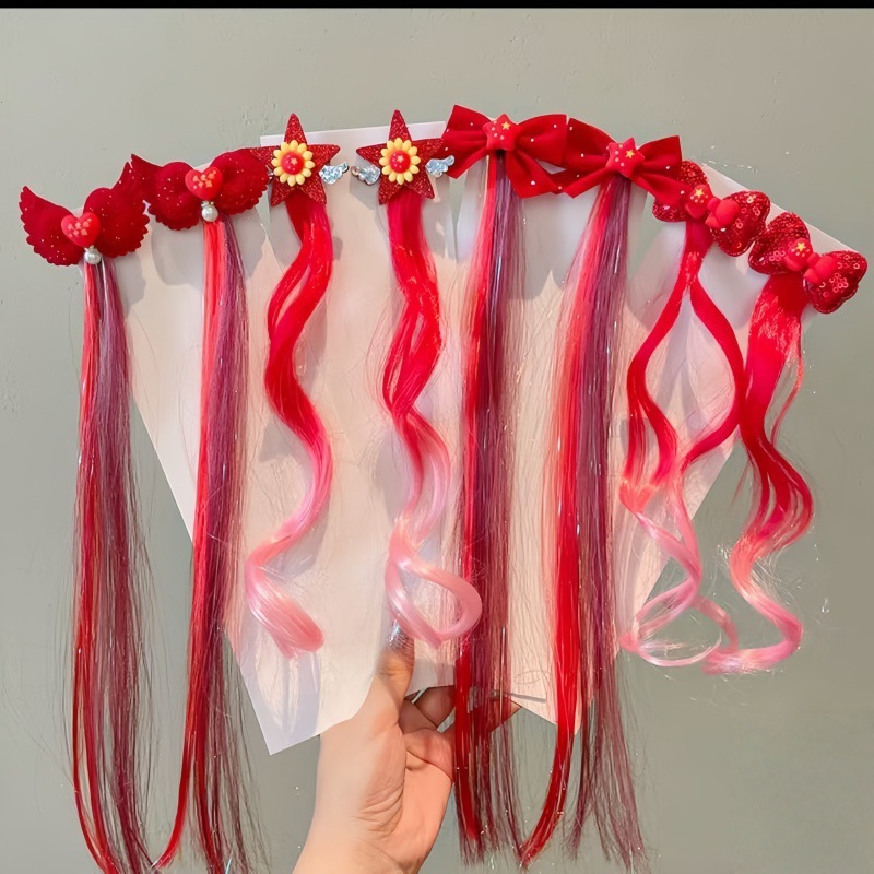 儿童十一国庆节红色假发辫子发夹发饰女童编发夹子发卡高颜值头饰|undefined