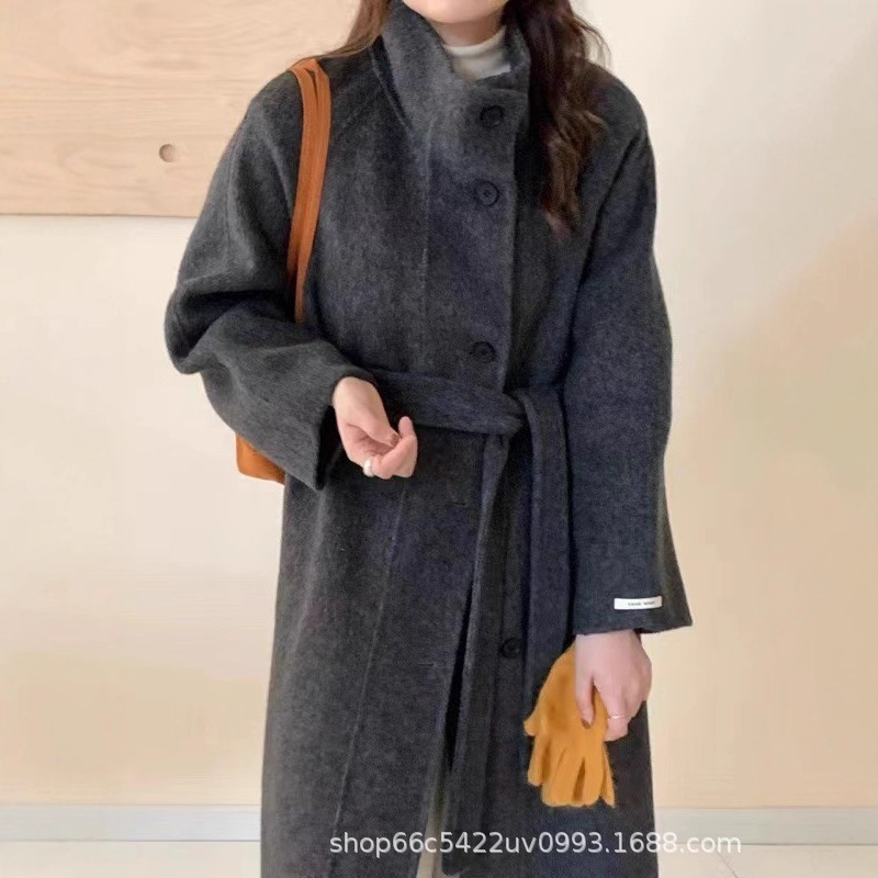 Han Xi Li Collar Single-breasted Lace-up Double-sided Wool Coat High-grade Loose Korean Wool Coat Autumn and Winter New