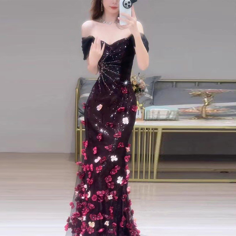 Off The Shoulder Bridal Toast Dress Floral Sequined Ethereal Beauty Mermaid Evening Gown For Engagement Party Hostess Style_ecoleips.com