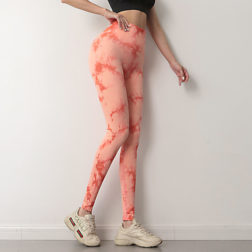 Cross-border seamless peach yoga leggings for women tie-dye and tie-bleach printed high-waist hip-lifting sports running fitness pants