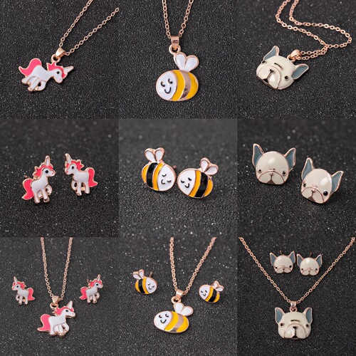 Wish Hot Selling Fashion Colorful Pony Painted Oil Necklace Set Cartoon Creative Animal Earrings Pendant Accessories Wholesale