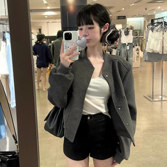 2025休闲灰色夹克棒球服外套女感宽松显瘦气质毛呢短款开衫春秋季